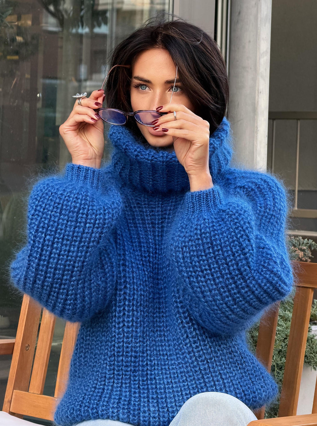 Mohair cable knit blue sweater large turtleneck Hand knit fluffy chunky high collar oversized big sweater