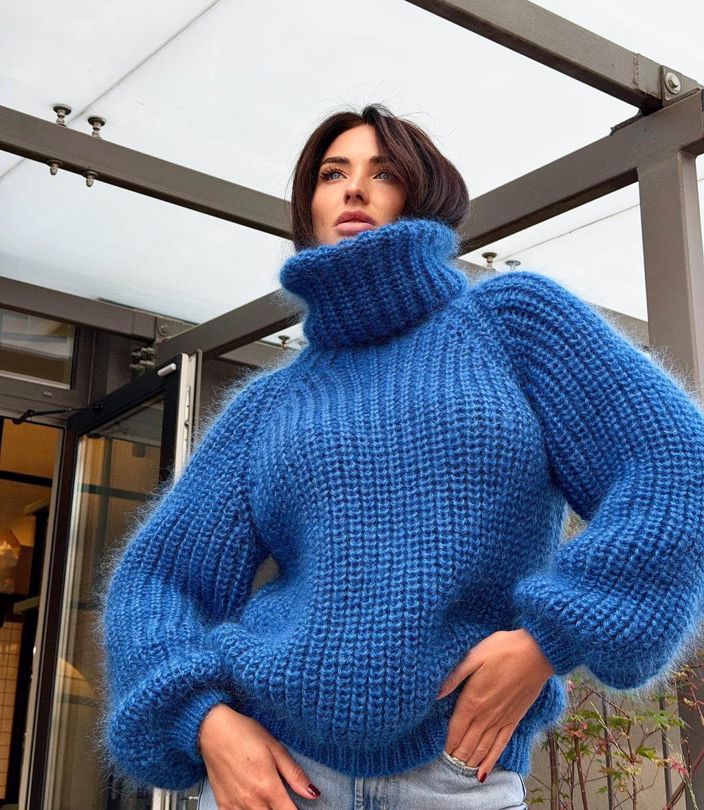 Mohair cable knit blue sweater large turtleneck Hand knit fluffy chunky high collar oversized big sweater