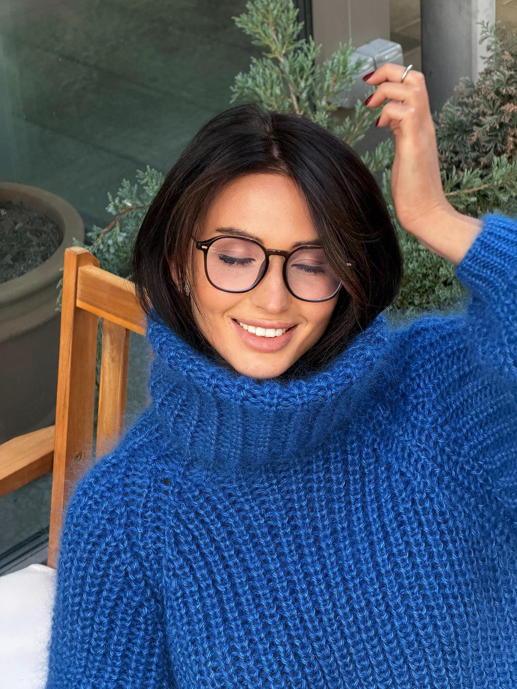 Mohair cable knit blue sweater large turtleneck Hand knit fluffy chunky high collar oversized big sweater