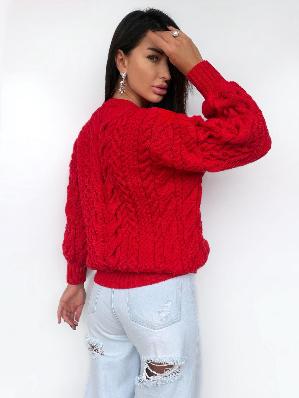 Chunky hand knit red wool Aran sweater women Knitted jumper 7/8 sleeve Cable knit Oversized pullover