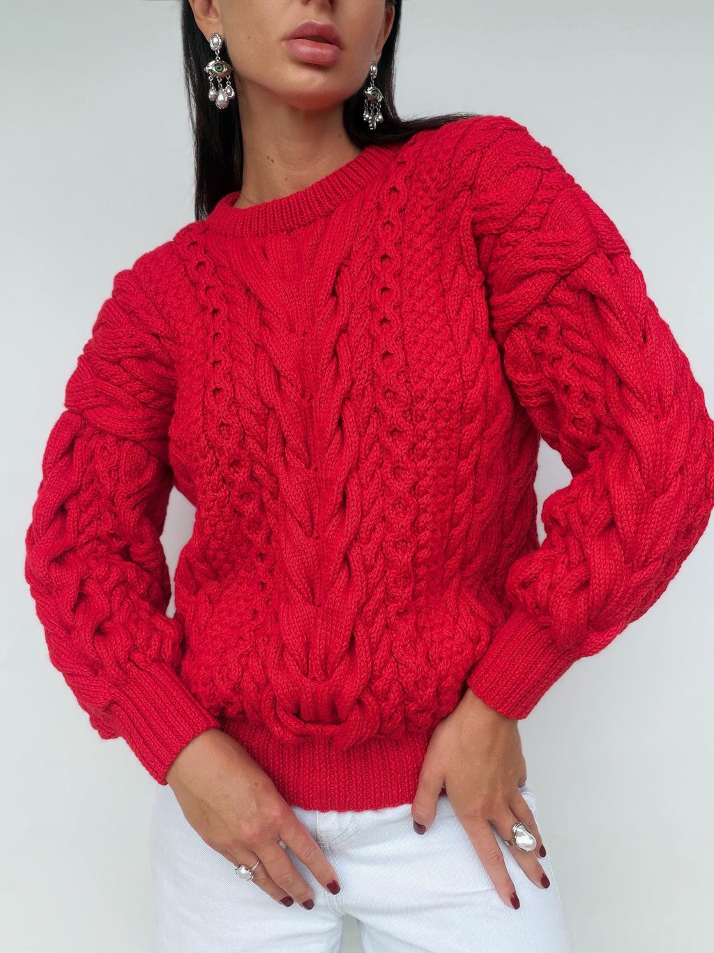 Chunky hand knit red wool Aran sweater women Knitted jumper 7/8 sleeve Cable knit Oversized pullover