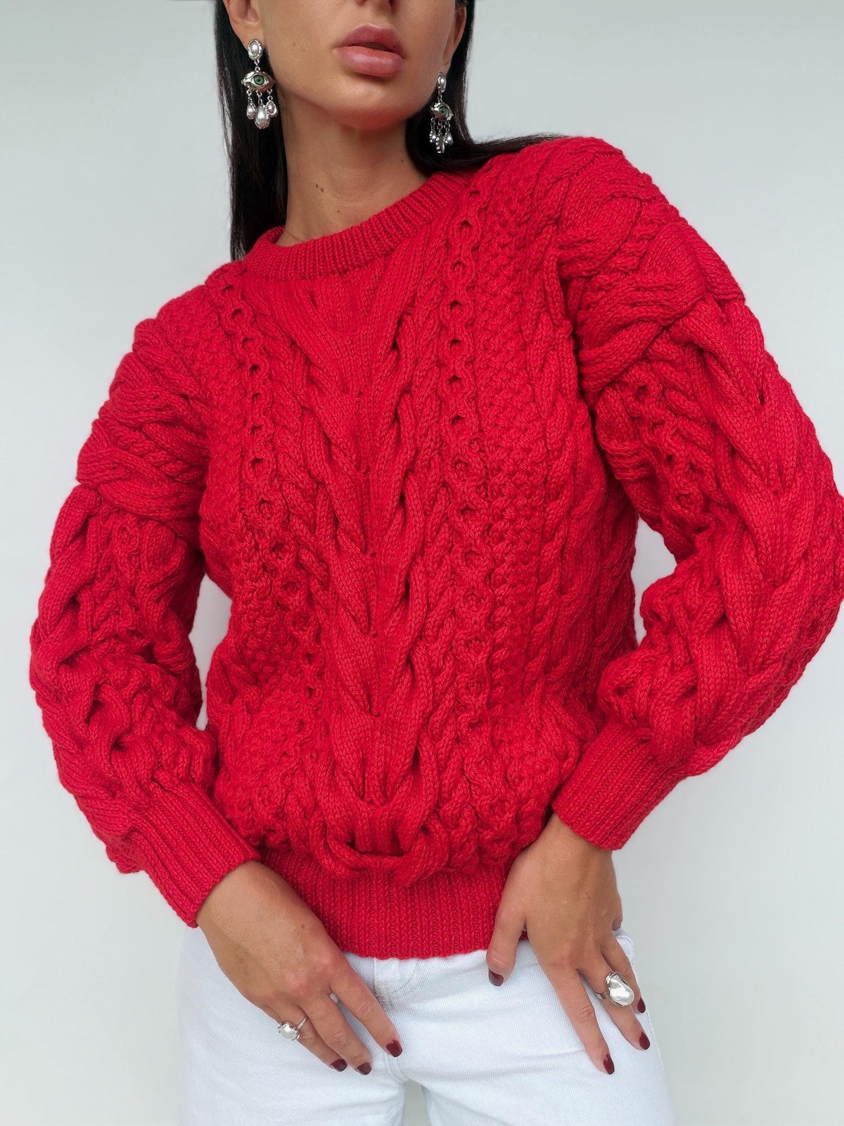 Chunky hand knit red wool Aran sweater women Knitted jumper 7/8 sleeve Cable knit Oversized pullover