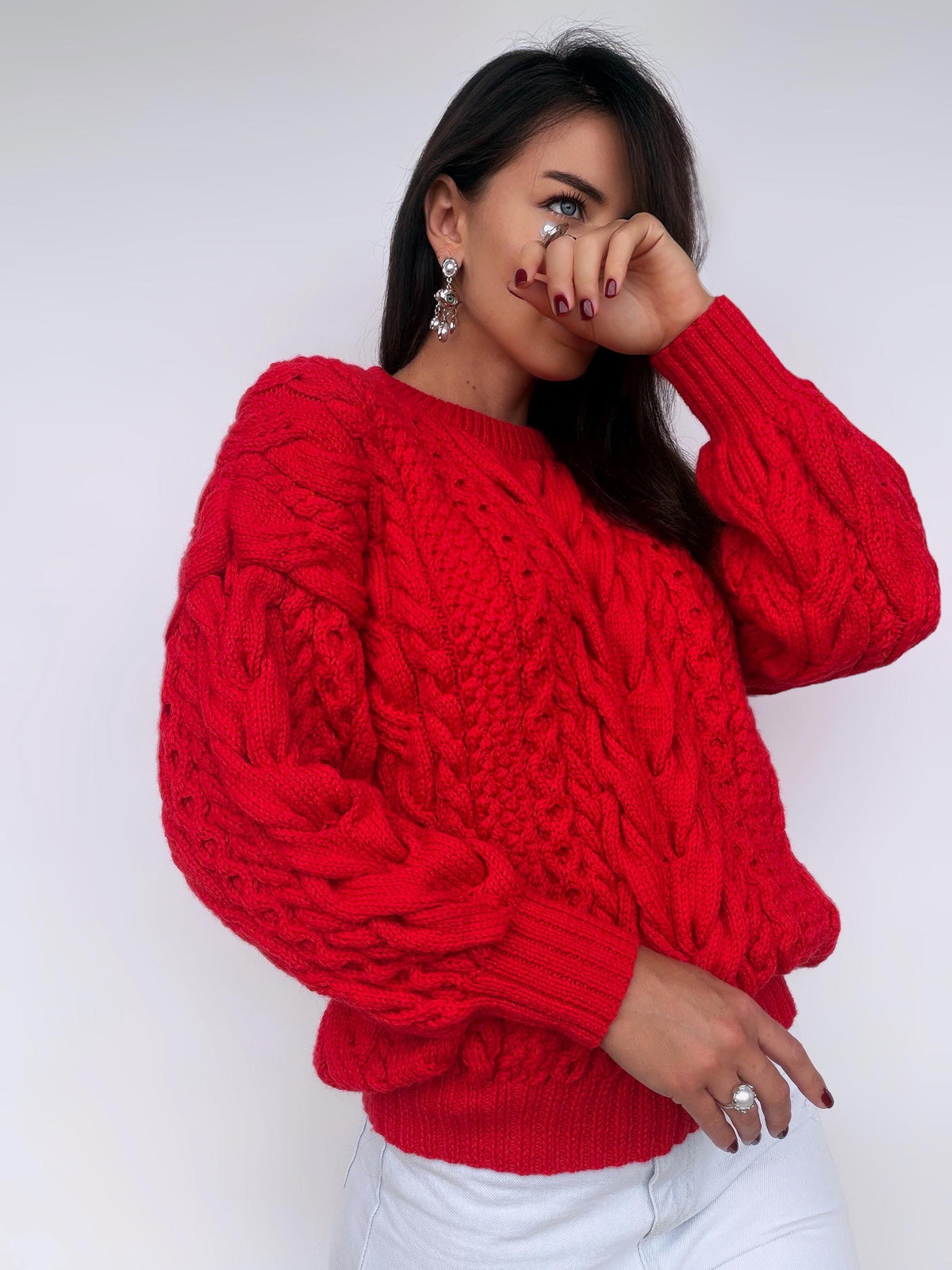 Chunky hand knit red wool Aran sweater women Knitted jumper 7/8 sleeve Cable knit Oversized pullover
