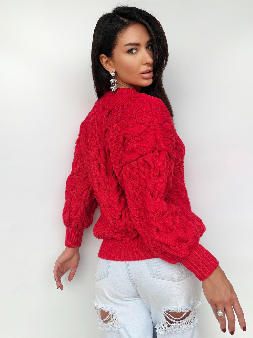Chunky hand knit red wool Aran sweater women Knitted jumper 7/8 sleeve Cable knit Oversized pullover