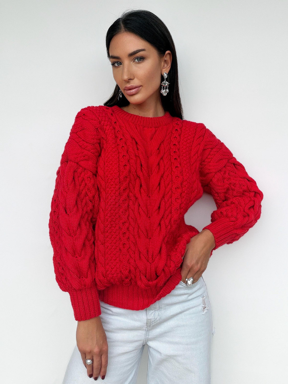 Chunky hand knit red wool Aran sweater women Knitted jumper 7/8 sleeve Cable knit Oversized pullover