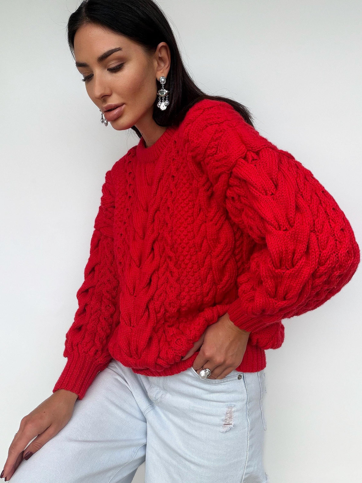 Chunky hand knit red wool Aran sweater women Knitted jumper 7/8 sleeve Cable knit Oversized pullover