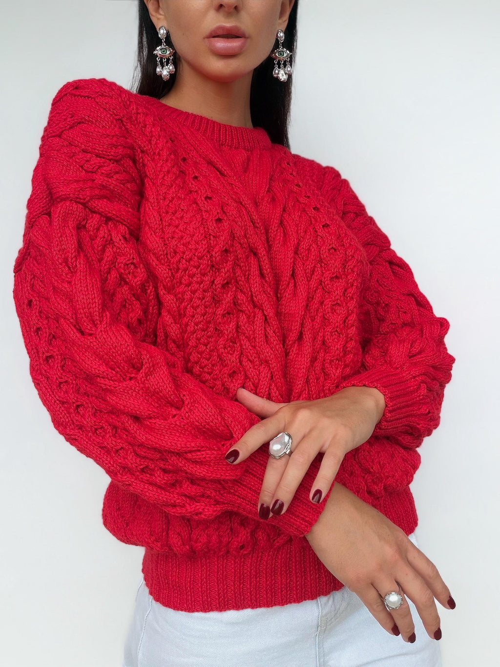 Chunky hand knit red wool Aran sweater women Knitted jumper 7/8 sleeve Cable knit Oversized pullover