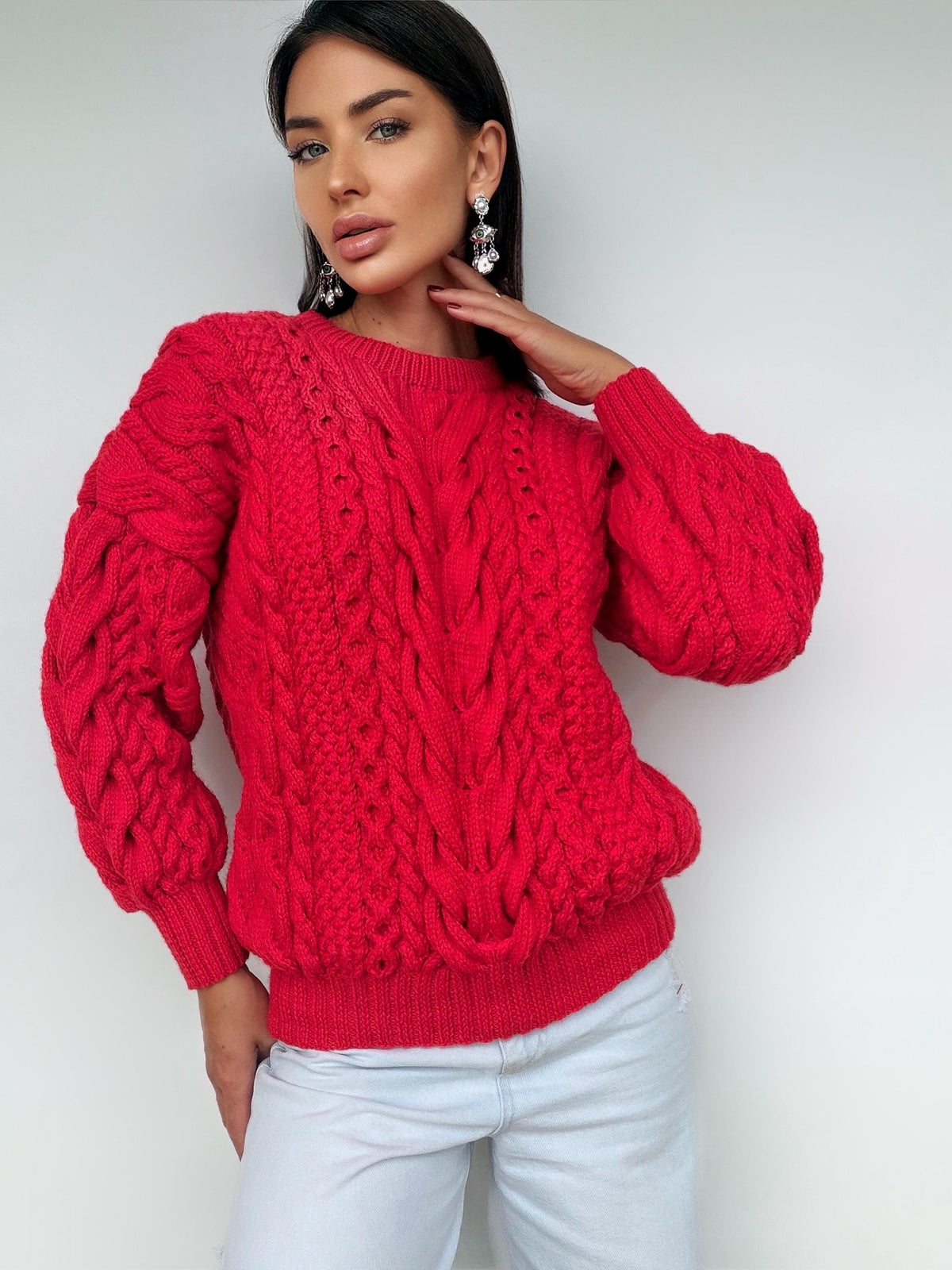 Chunky hand knit red wool Aran sweater women Knitted jumper 7/8 sleeve Cable knit Oversized pullover