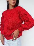 Chunky hand knit red wool Aran sweater women Knitted jumper 7/8 sleeve Cable knit Oversized pullover
