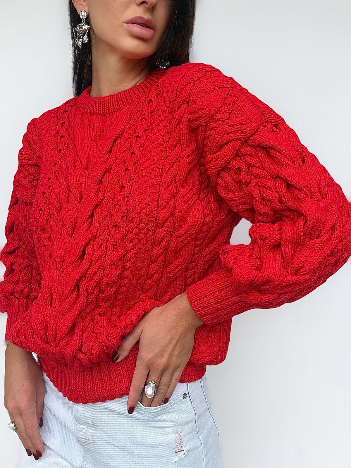 Chunky hand knit red wool Aran sweater women Knitted jumper 7/8 sleeve Cable knit Oversized pullover