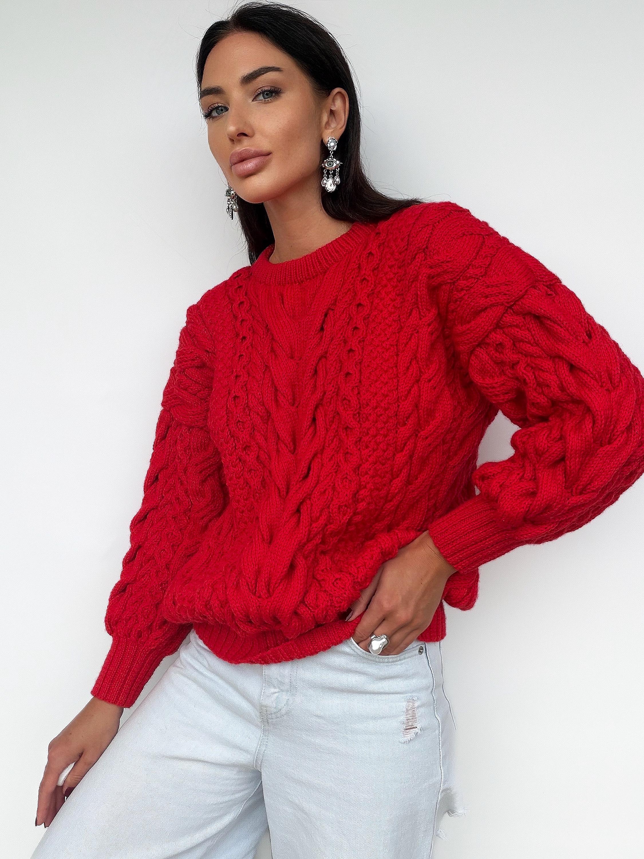 Chunky hand knit red wool Aran sweater women Knitted jumper 7/8 sleeve Cable knit Oversized pullover