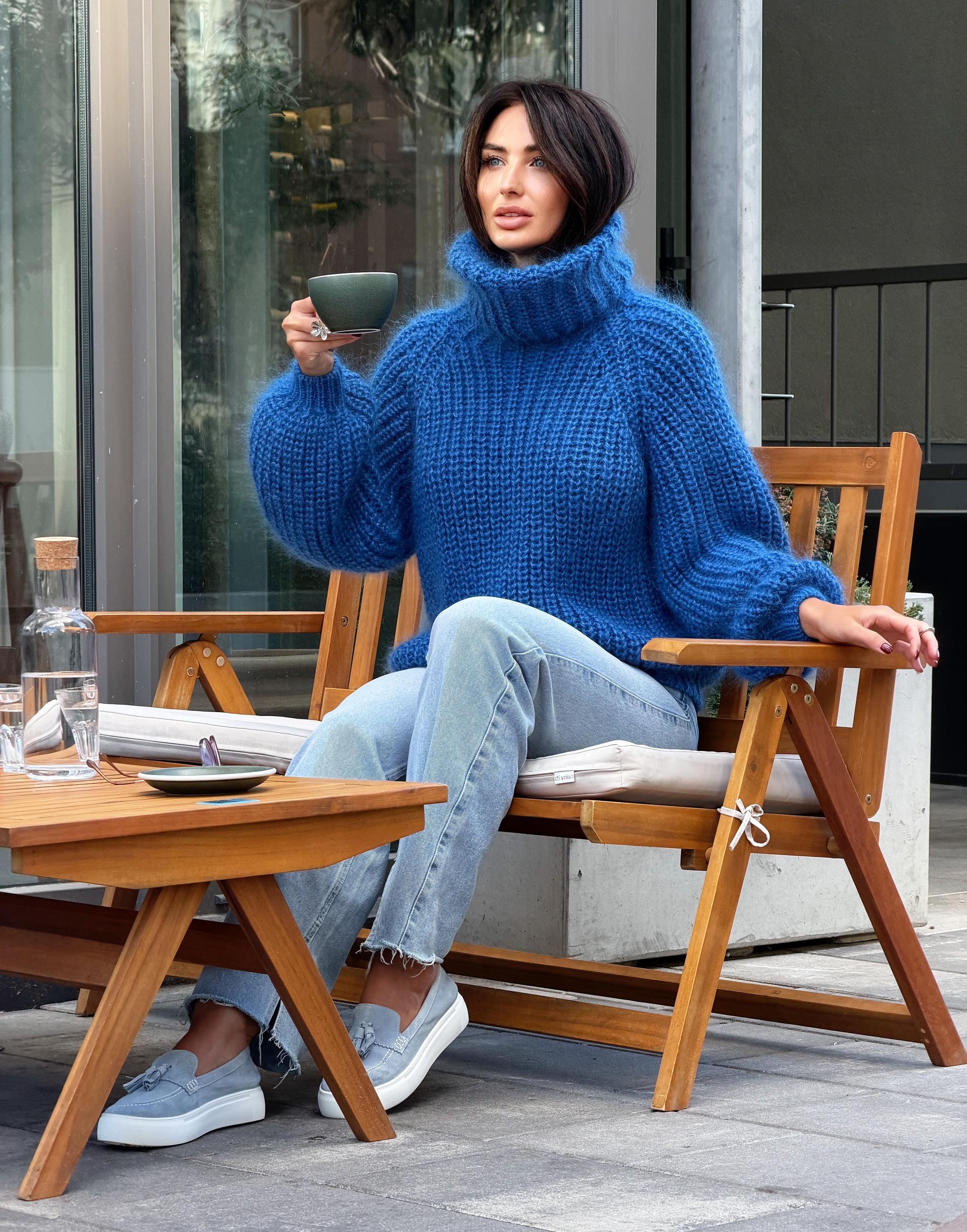 Mohair cable knit blue sweater large turtleneck Hand knit fluffy chunky high collar oversized big sweater