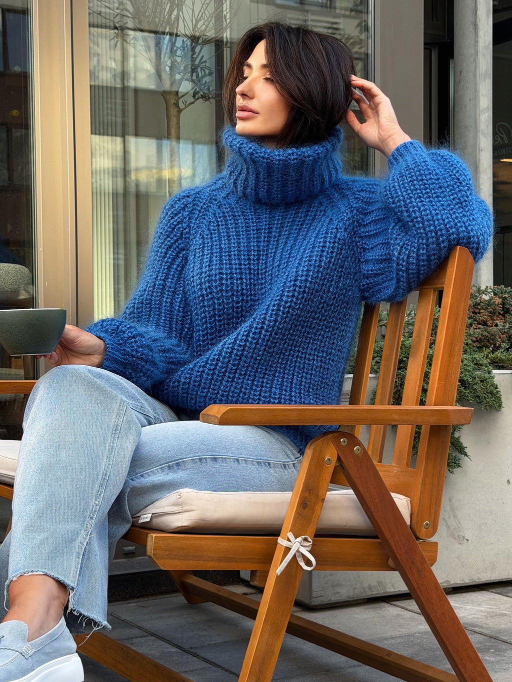 Mohair cable knit blue sweater large turtleneck Hand knit fluffy chunky high collar oversized big sweater