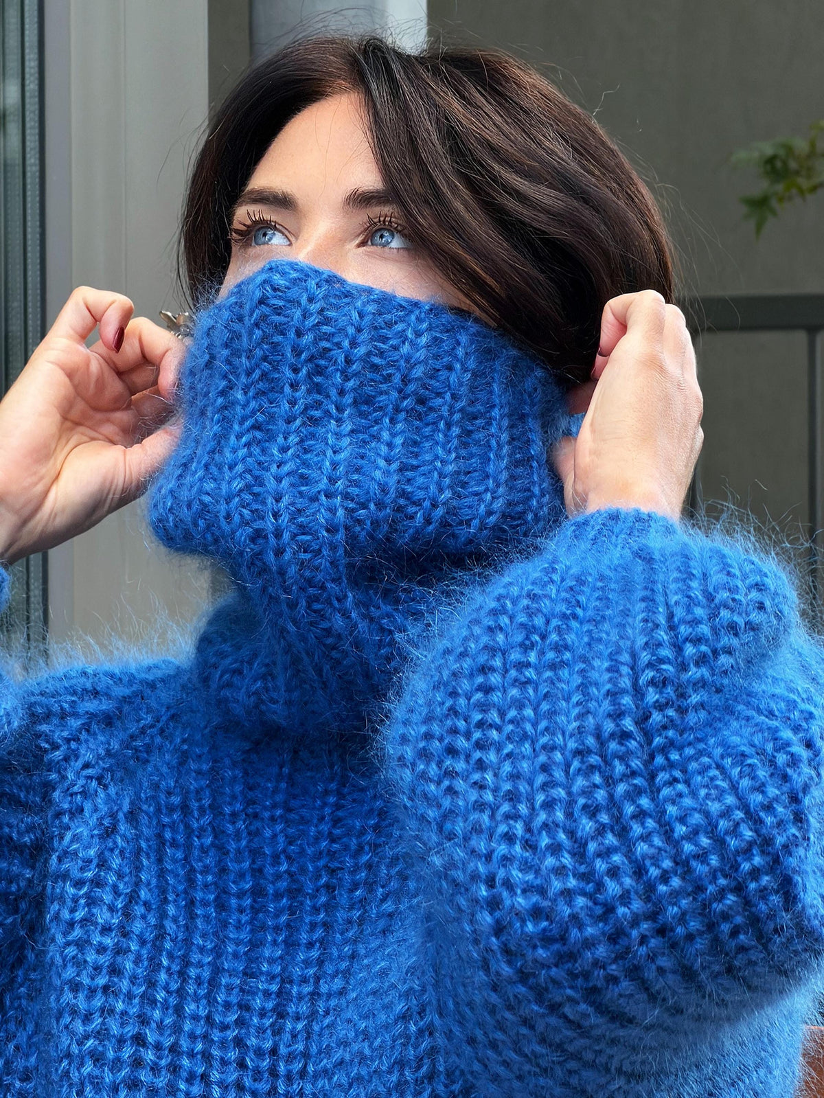 Mohair cable knit blue sweater large turtleneck Hand knit fluffy chunky high collar oversized big sweater