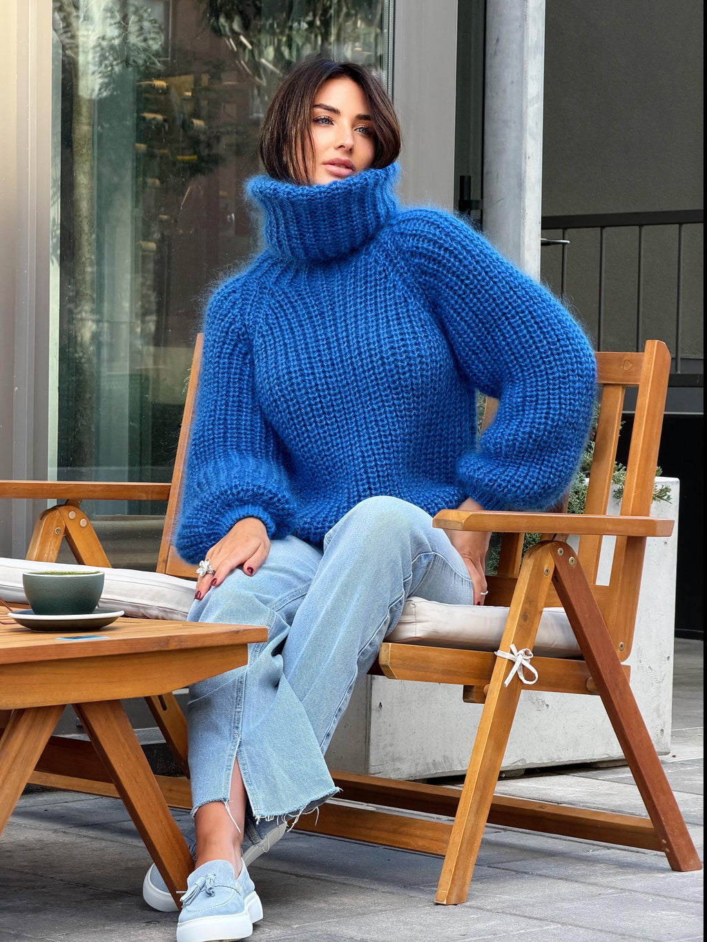 Mohair cable knit blue sweater large turtleneck Hand knit fluffy chunky high collar oversized big sweater