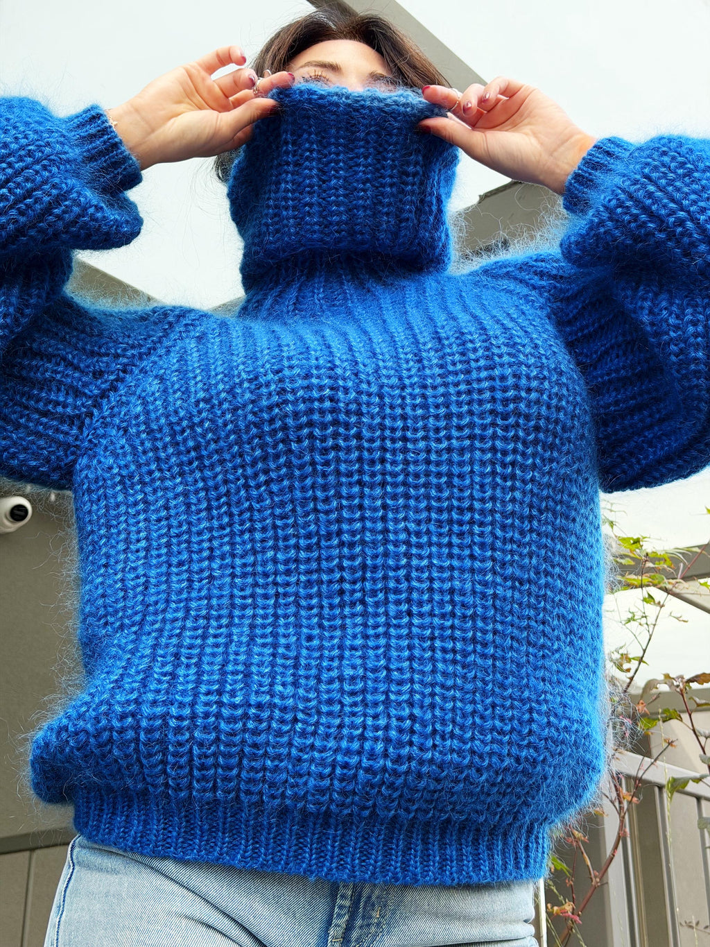 Mohair cable knit blue sweater large turtleneck Hand knit fluffy chunky high collar oversized big sweater