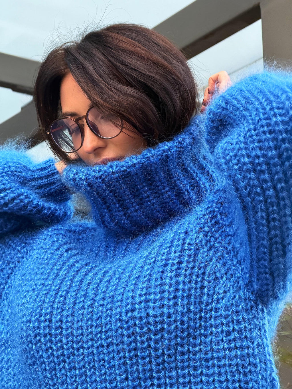 Mohair cable knit blue sweater large turtleneck Hand knit fluffy chunky high collar oversized big sweater