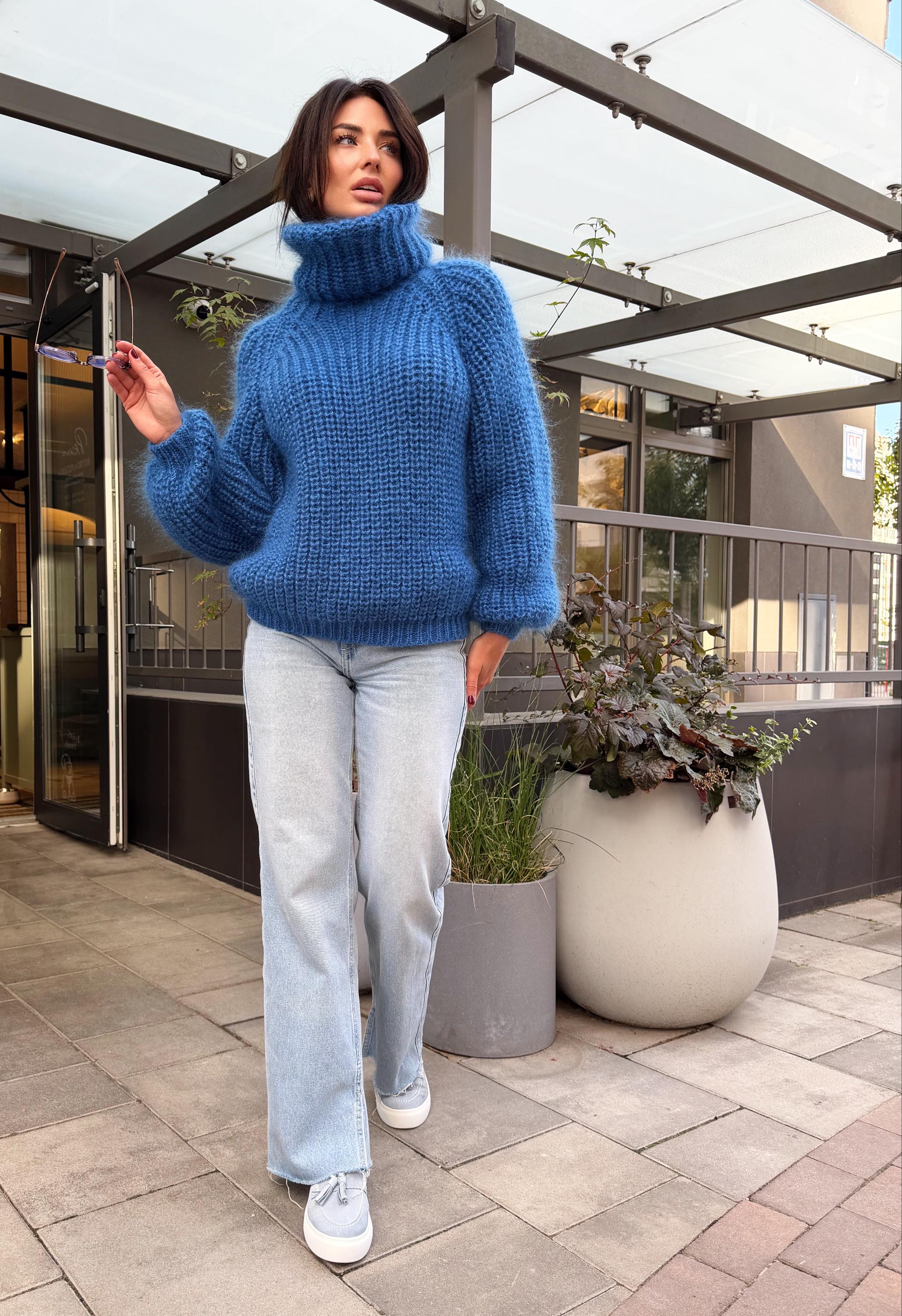 Mohair cable knit blue sweater large turtleneck Hand knit fluffy chunky high collar oversized big sweater