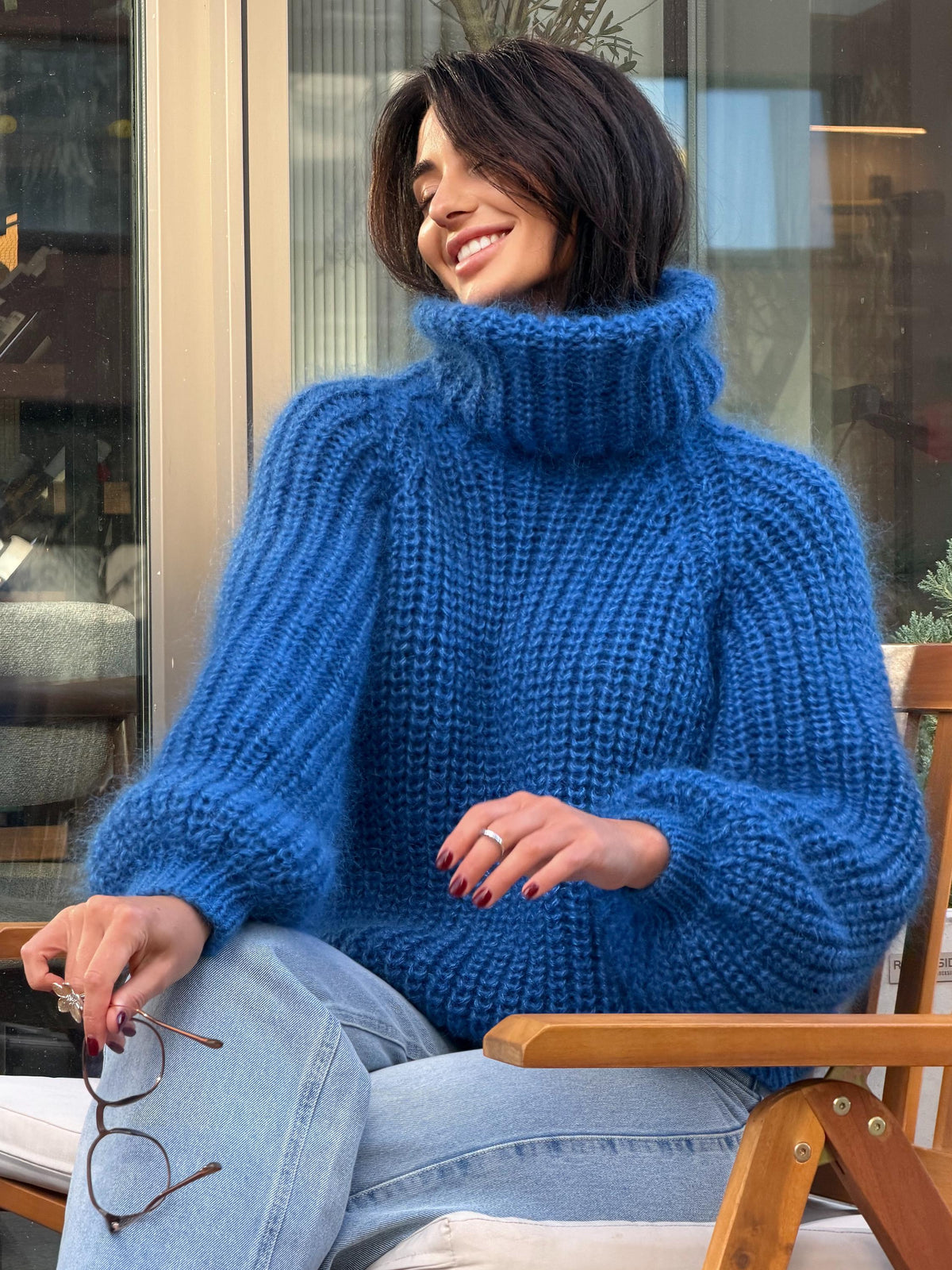 Mohair cable knit blue sweater large turtleneck Hand knit fluffy chunky high collar oversized big sweater