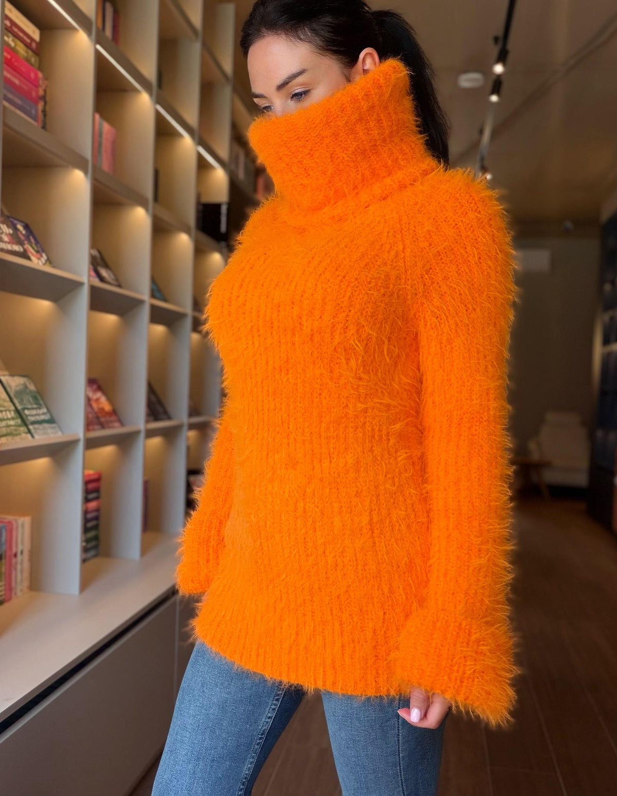 Orange large hand knit fluffy merino wool turtleneck sweater High collar long soft chunky knit sweater dress Chunky knit big pullover