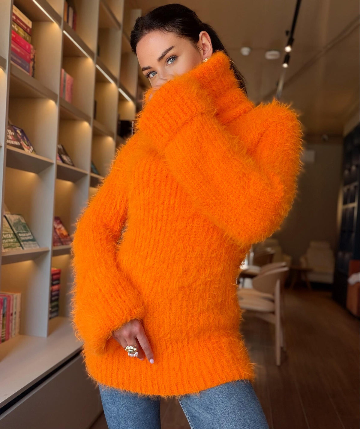 Orange large hand knit fluffy merino wool turtleneck sweater High collar long soft chunky knit sweater dress Chunky knit big pullover