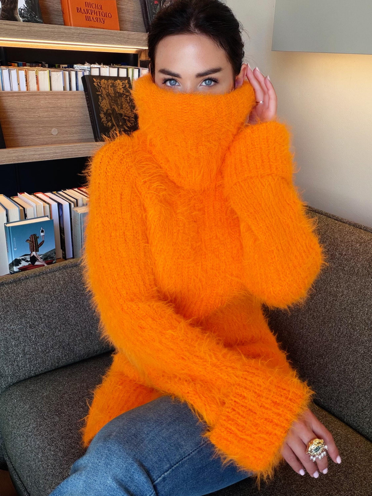 Orange large hand knit fluffy merino wool turtleneck sweater High collar long soft chunky knit sweater dress Chunky knit big pullover