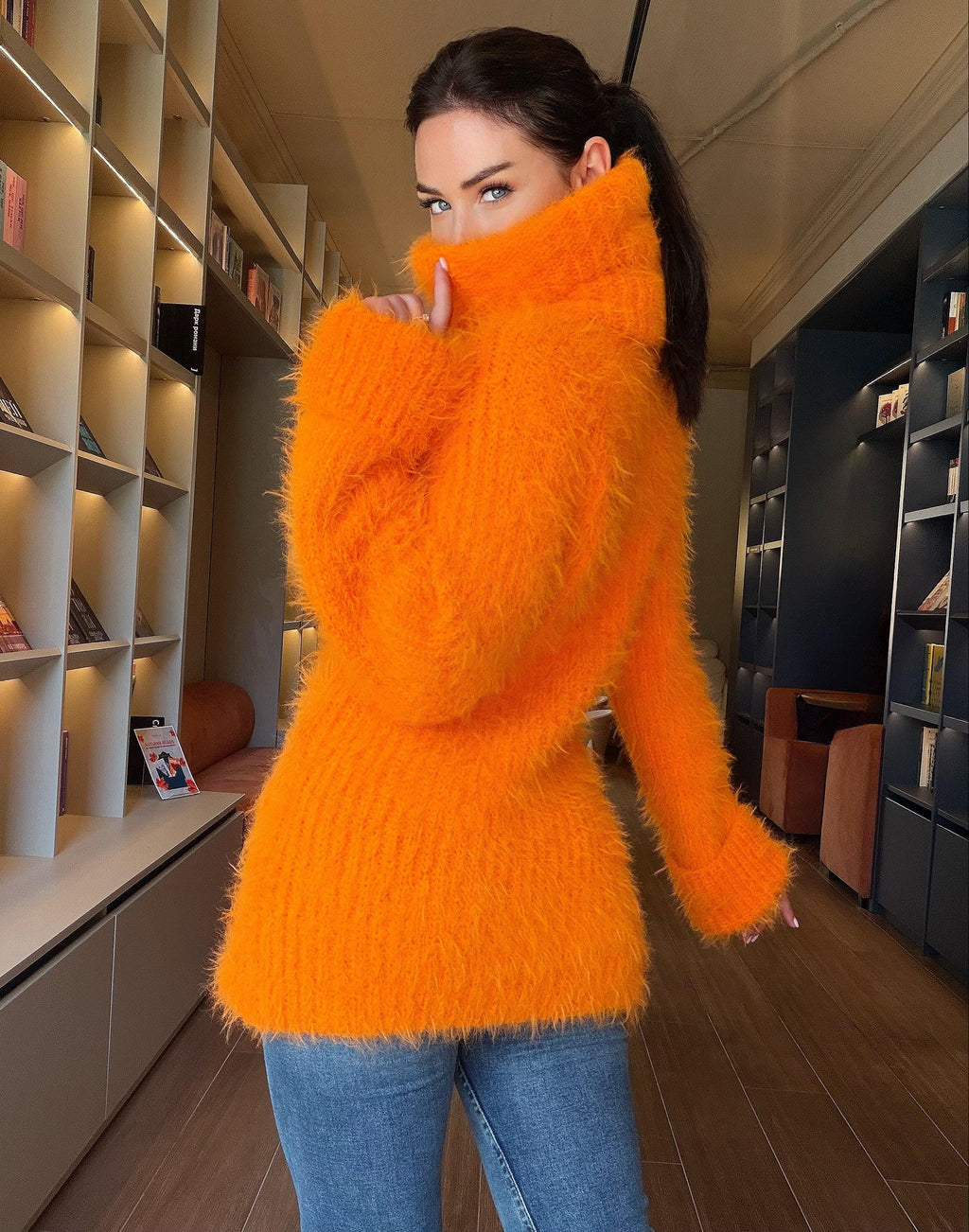Orange large hand knit fluffy merino wool turtleneck sweater High collar long soft chunky knit sweater dress Chunky knit big pullover