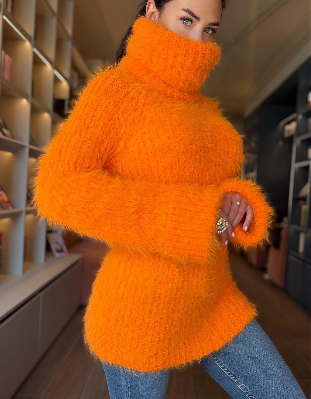 Orange large hand knit fluffy merino wool turtleneck sweater High collar long soft chunky knit sweater dress Chunky knit big pullover