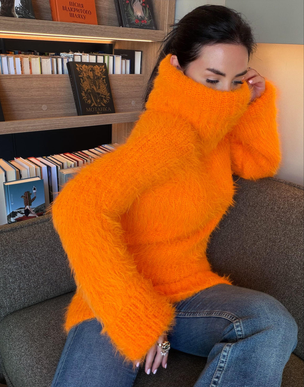 Orange large hand knit fluffy merino wool turtleneck sweater High collar long soft chunky knit sweater dress Chunky knit big pullover