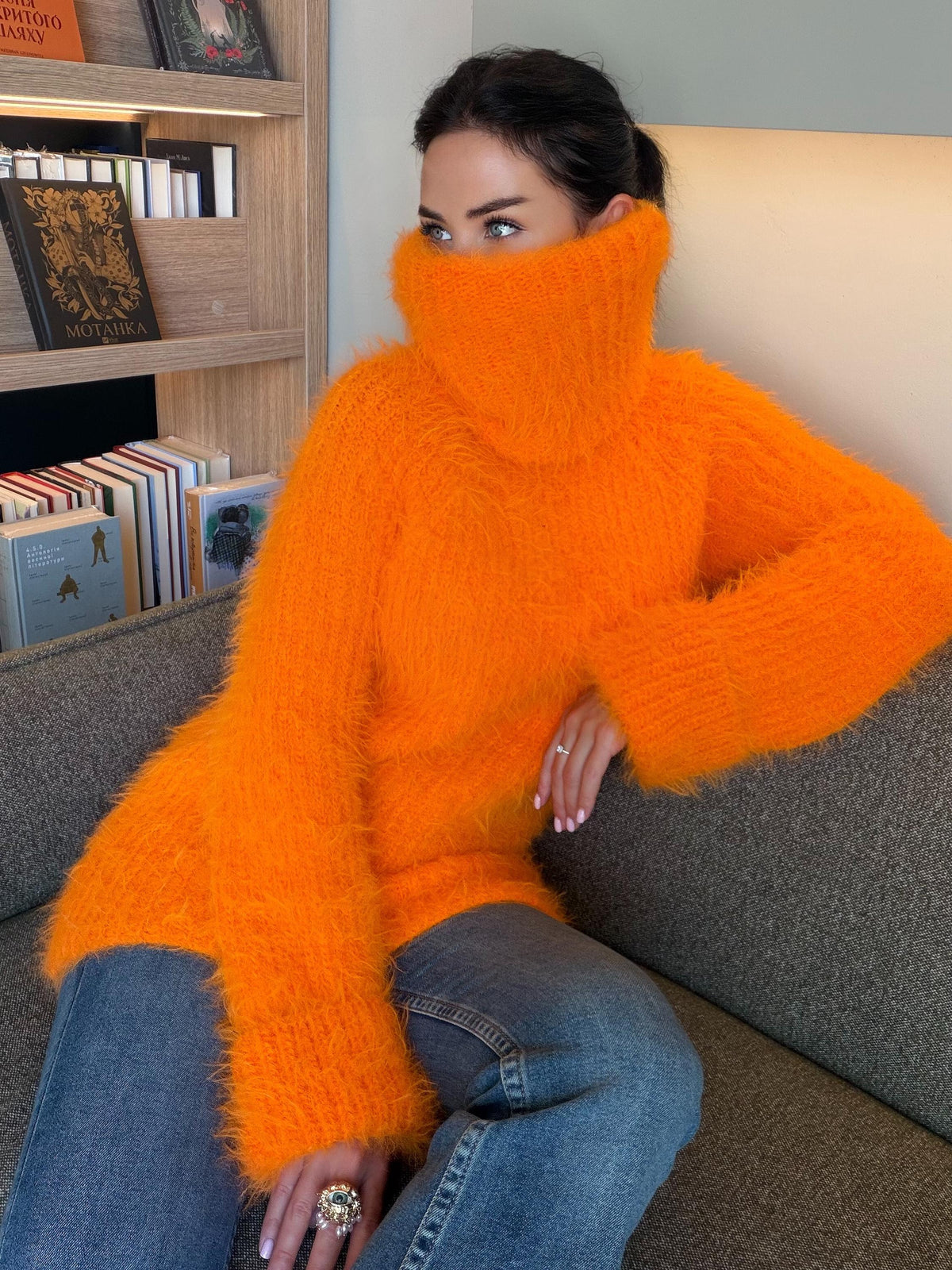 Orange large hand knit fluffy merino wool turtleneck sweater High collar long soft chunky knit sweater dress Chunky knit big pullover