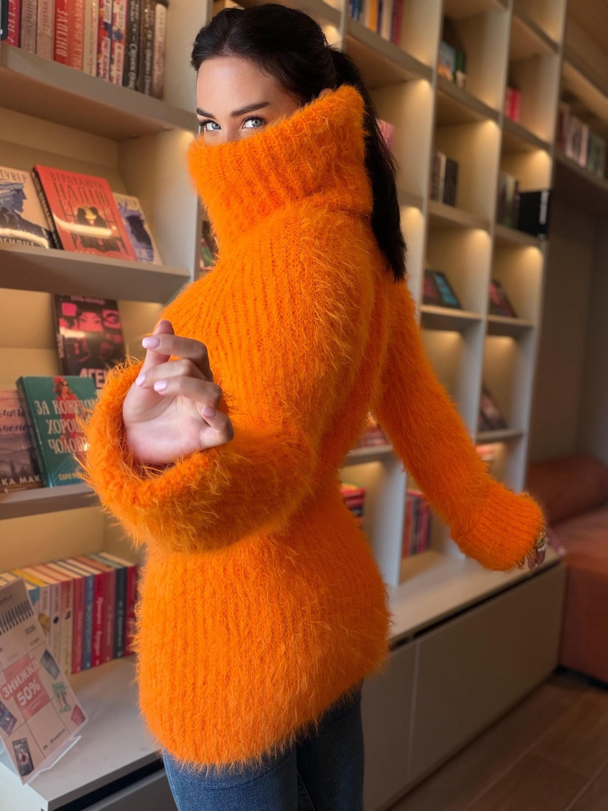 Orange large hand knit fluffy merino wool turtleneck sweater High collar long soft chunky knit sweater dress Chunky knit big pullover