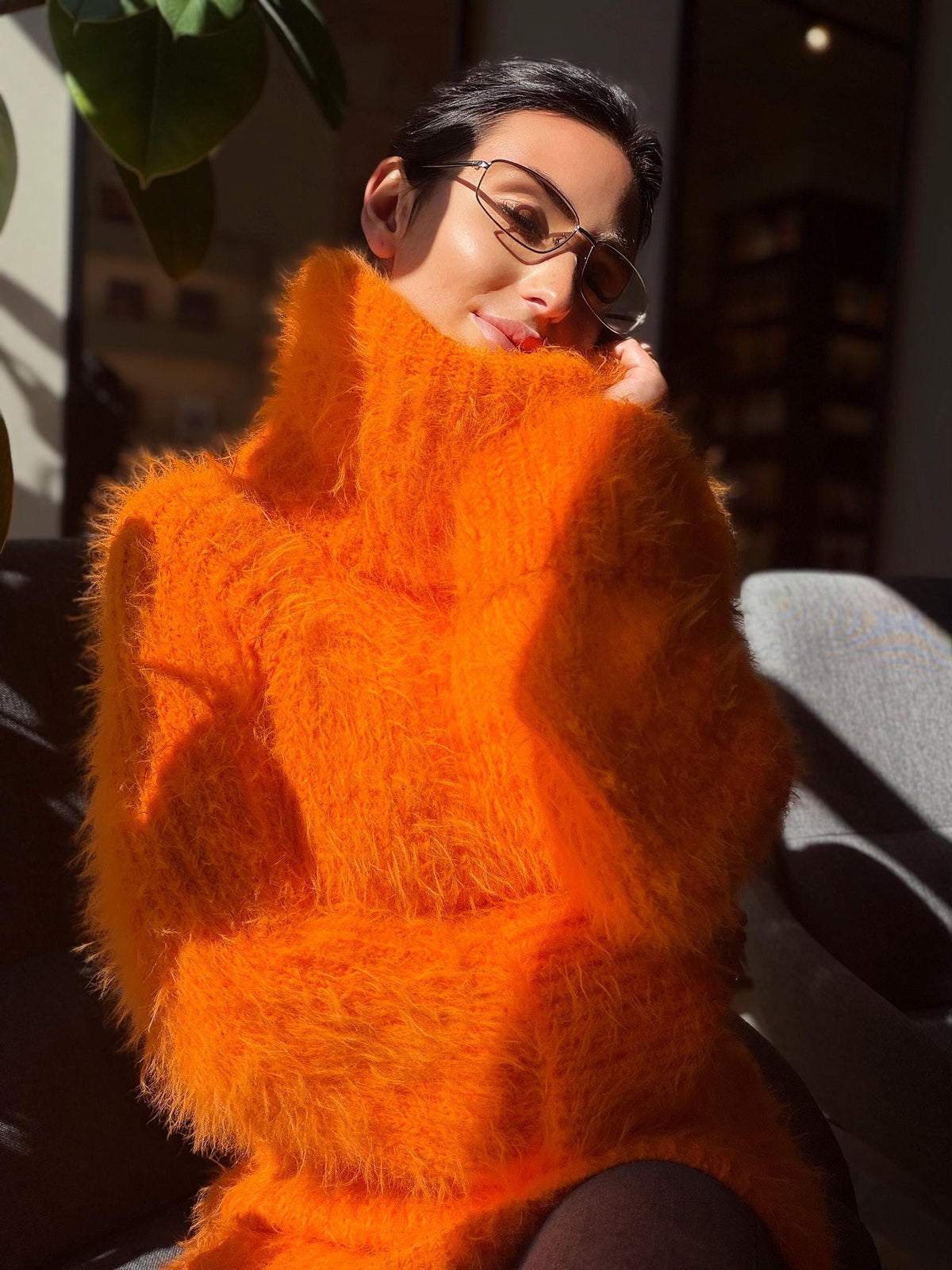 Orange large hand knit fluffy merino wool turtleneck sweater High collar long soft chunky knit sweater dress Chunky knit big pullover