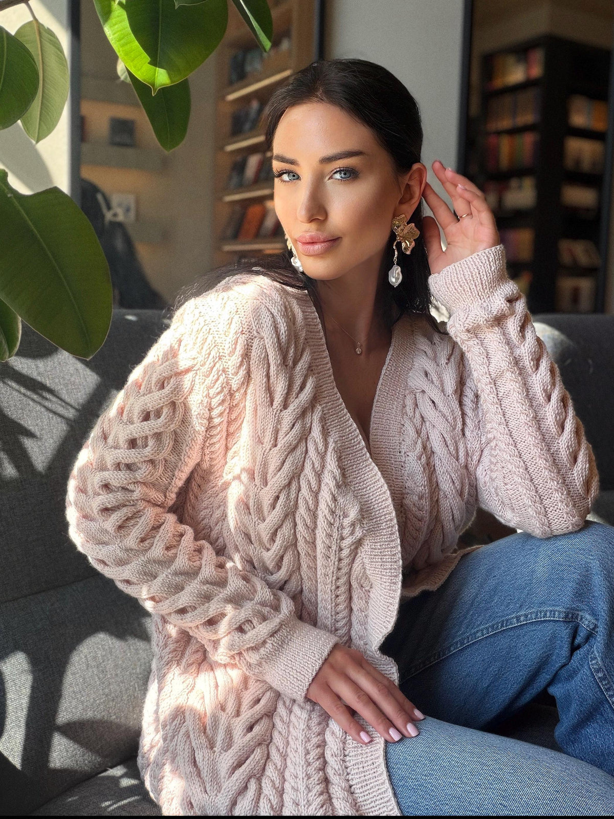 Aran wool powdery pastel cable hand knit сardigan women Chunky sweater cardigan Knitted jacket Cable knit cardigan