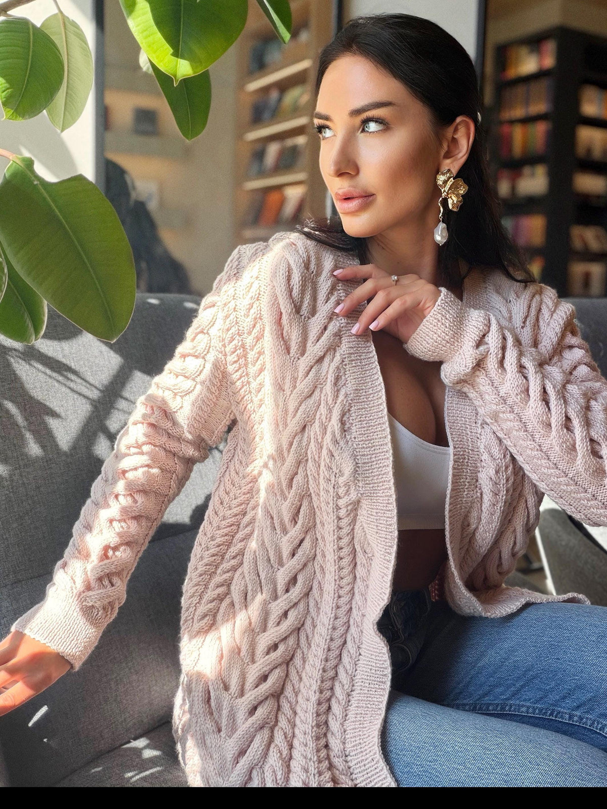 Aran wool powdery pastel cable hand knit сardigan women Chunky sweater cardigan Knitted jacket Cable knit cardigan
