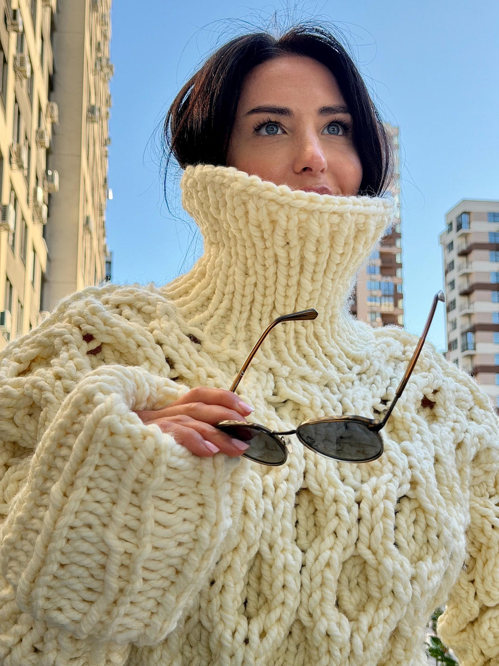 Large chunky hand knit alpaca sweater turtleneck Oversized wool pastel pullover Cozy winter warm cable knitted jumper Fall fashion clothing
