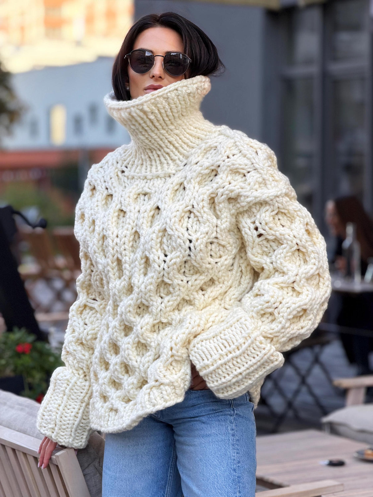 Large chunky hand knit alpaca sweater turtleneck Oversized wool pastel pullover Cozy winter warm cable knitted jumper Fall fashion clothing