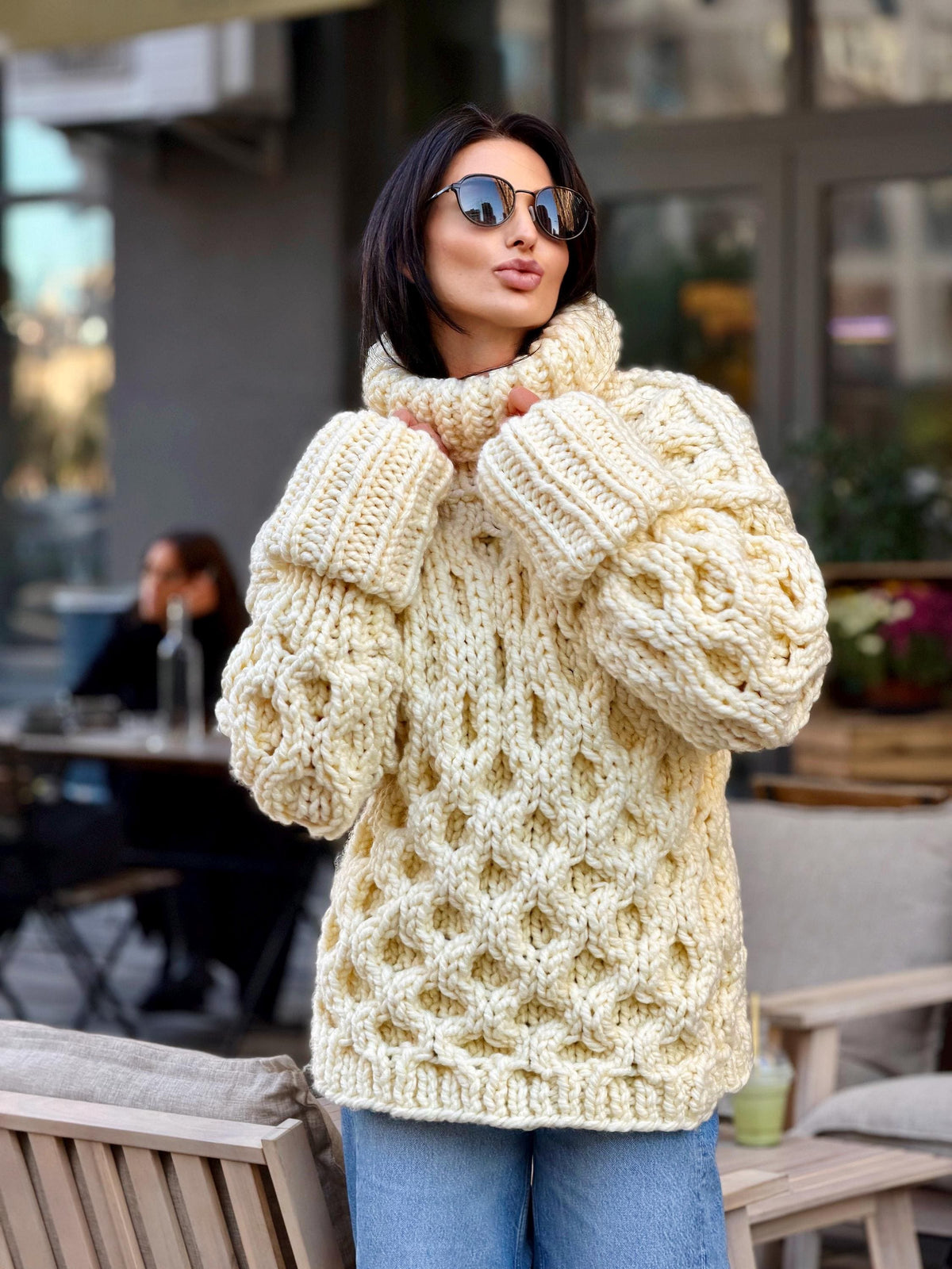 Large chunky hand knit alpaca sweater turtleneck Oversized wool pastel pullover Cozy winter warm cable knitted jumper Fall fashion clothing
