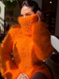 Orange large hand knit fluffy merino wool turtleneck sweater High collar long soft chunky knit sweater dress Chunky knit big pullover