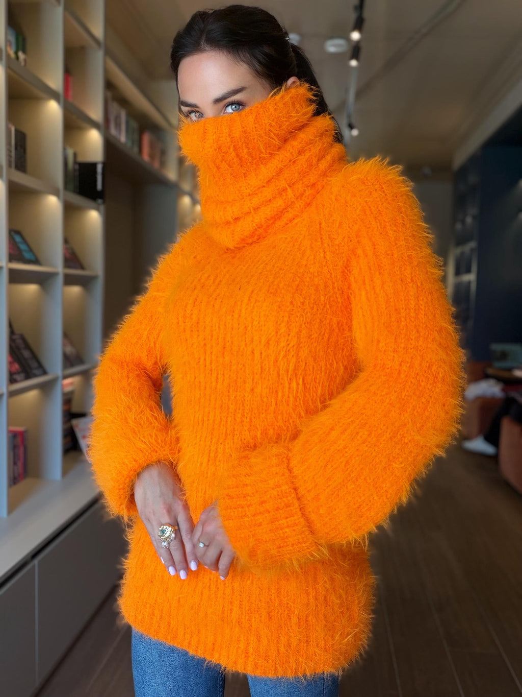 Orange large hand knit fluffy merino wool turtleneck sweater High collar long soft chunky knit sweater dress Chunky knit big pullover