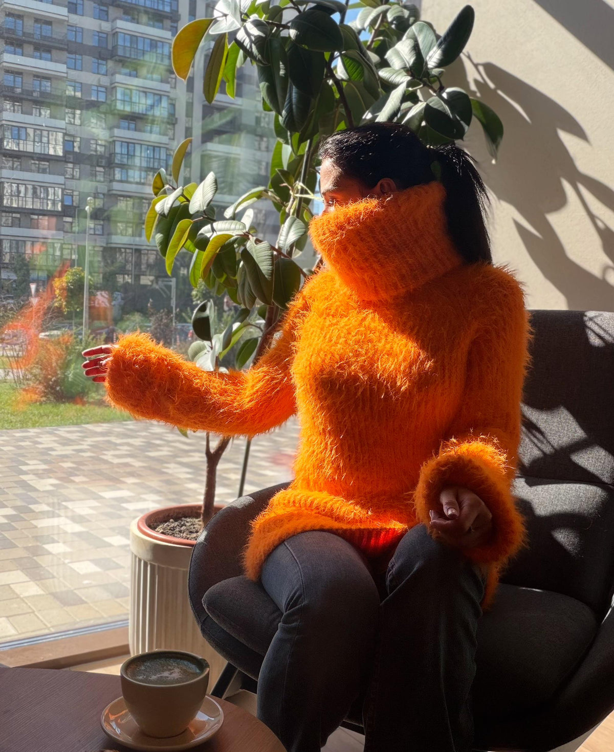 Orange large hand knit fluffy merino wool turtleneck sweater High collar long soft chunky knit sweater dress Chunky knit big pullover