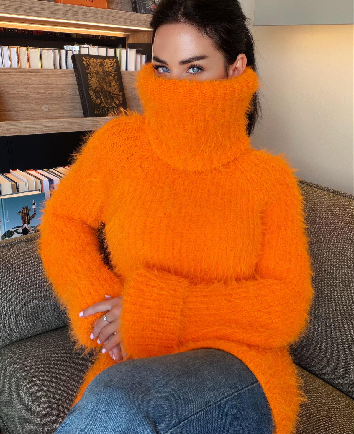 Orange large hand knit fluffy merino wool turtleneck sweater High collar long soft chunky knit sweater dress Chunky knit big pullover