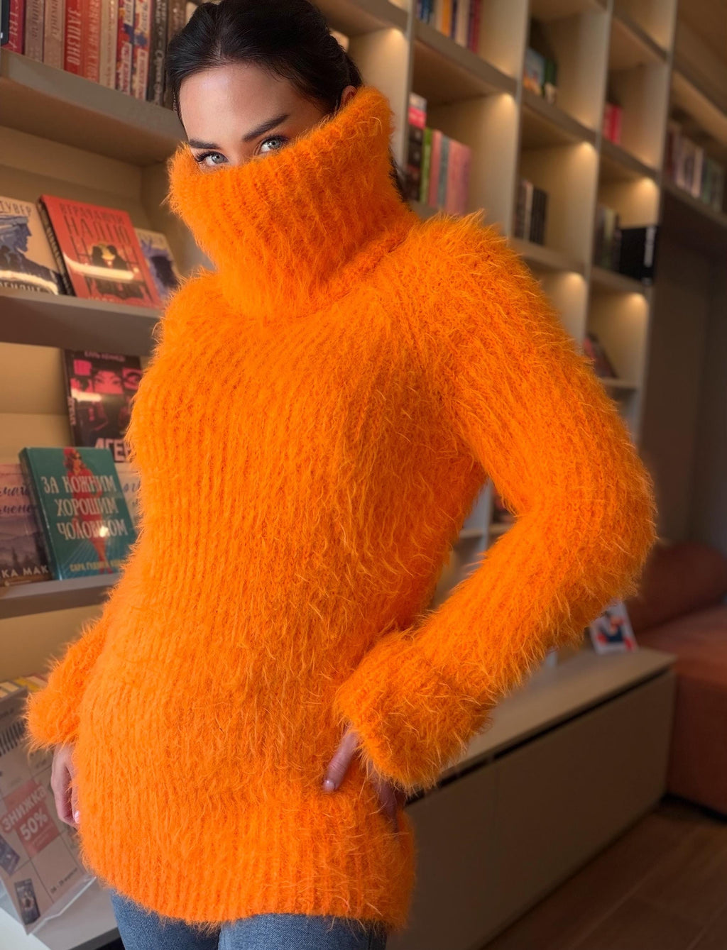 Orange large hand knit fluffy merino wool turtleneck sweater High collar long soft chunky knit sweater dress Chunky knit big pullover