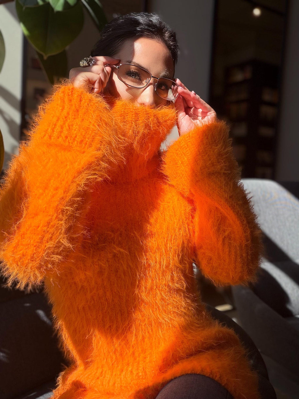Orange large hand knit fluffy merino wool turtleneck sweater High collar long soft chunky knit sweater dress Chunky knit big pullover