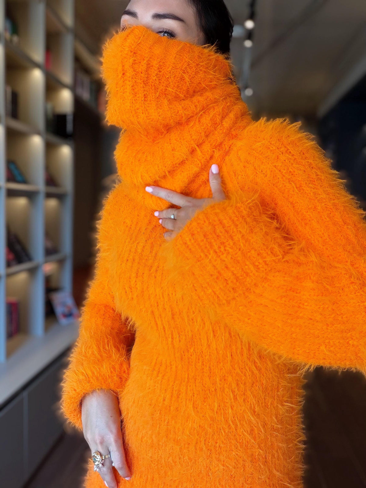 Orange large hand knit fluffy merino wool turtleneck sweater High collar long soft chunky knit sweater dress Chunky knit big pullover