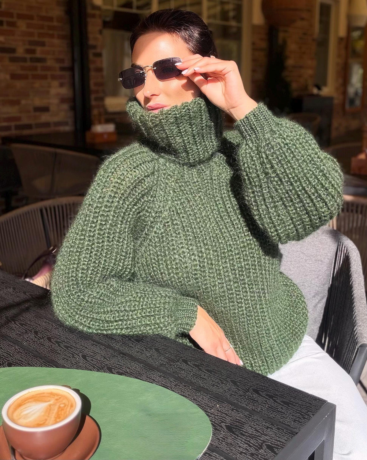 Mohair cable knit khaki sweater large turtleneck Hand knit fluffy chunky high collar oversized big wool pullover