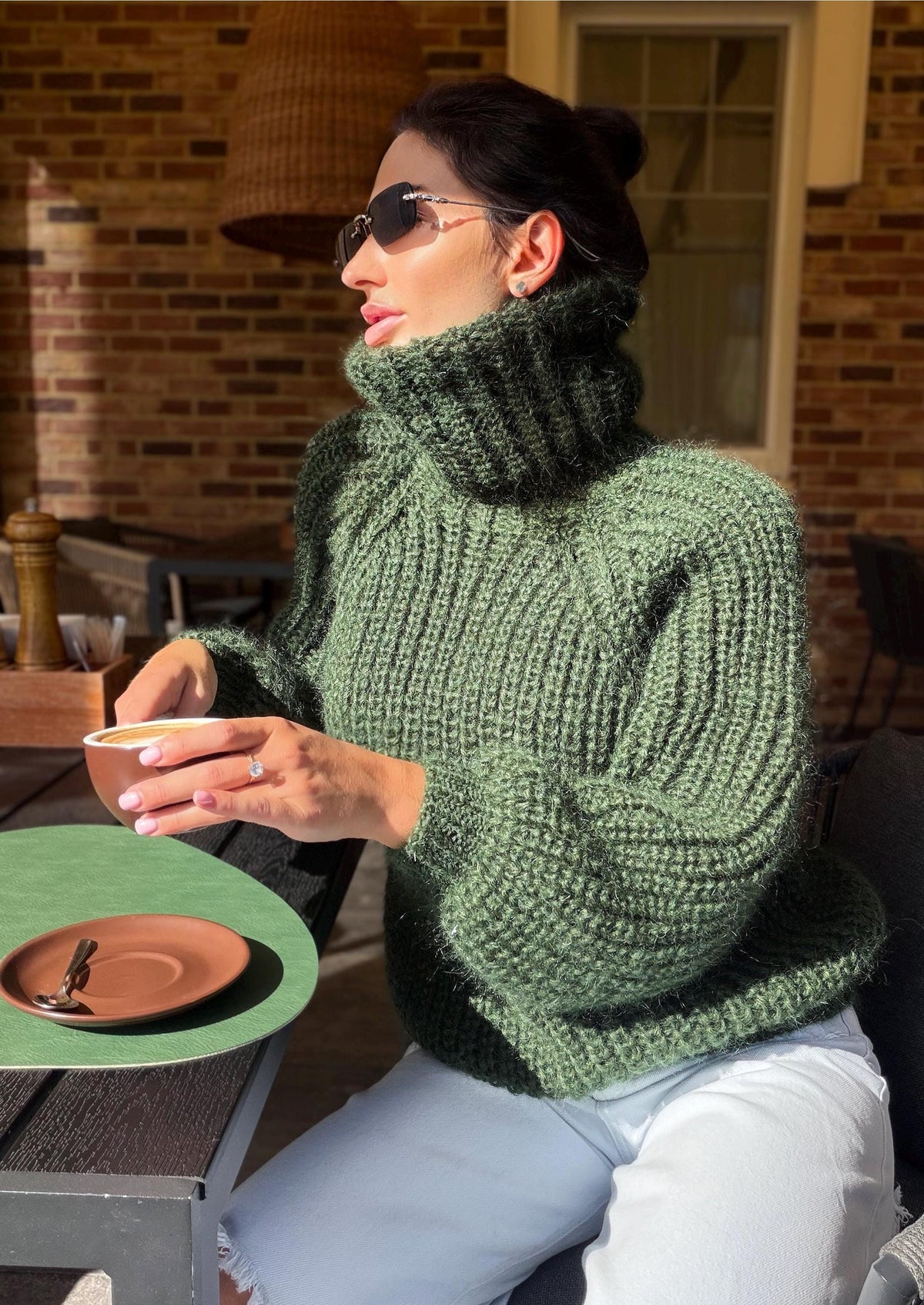 Mohair cable knit khaki sweater large turtleneck Hand knit fluffy chunky high collar oversized big wool pullover