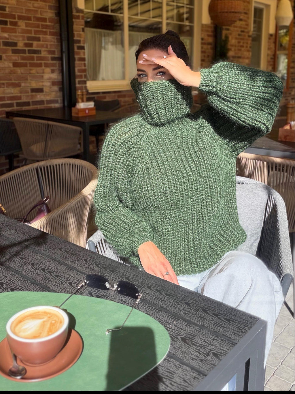 Mohair cable knit khaki sweater large turtleneck Hand knit fluffy chunky high collar oversized big wool pullover