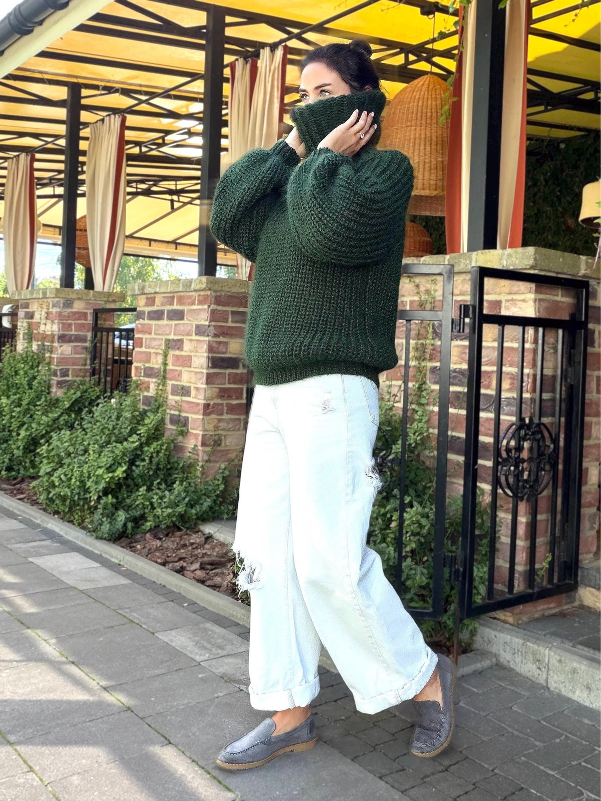 Mohair cable knit khaki sweater large turtleneck Hand knit fluffy chunky high collar oversized big wool pullover