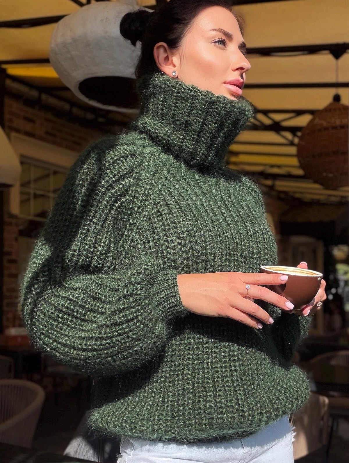 Mohair cable knit khaki sweater large turtleneck Hand knit fluffy chunky high collar oversized big wool pullover