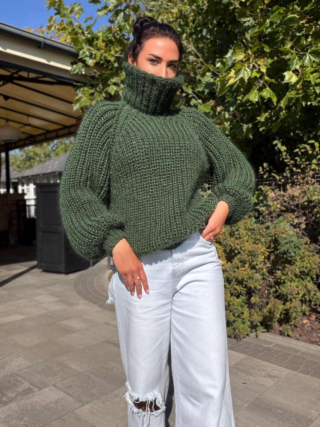 Mohair cable knit khaki sweater large turtleneck Hand knit fluffy chunky high collar oversized big wool pullover